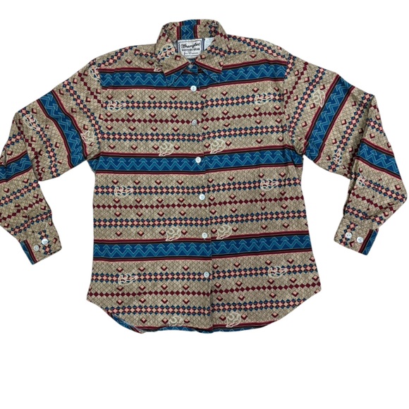 Wrangler Western Wear Brown Red Argyle Button Up Shirt Long Sleeve Medium - Picture 1 of 4